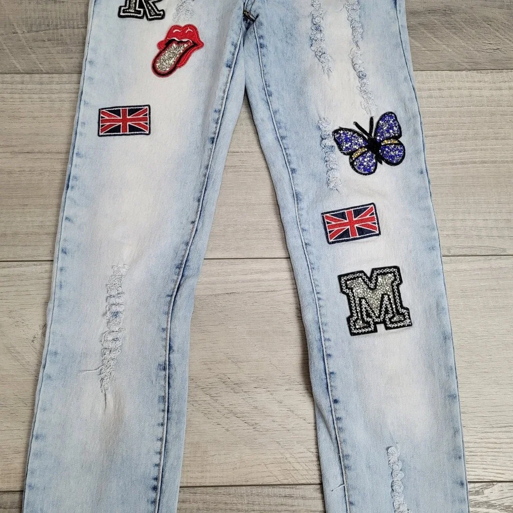 🔥Rebel Love Womens Skinny‎ Jeans 5/6 Distressed Blue Denim Y2K Retro Patches